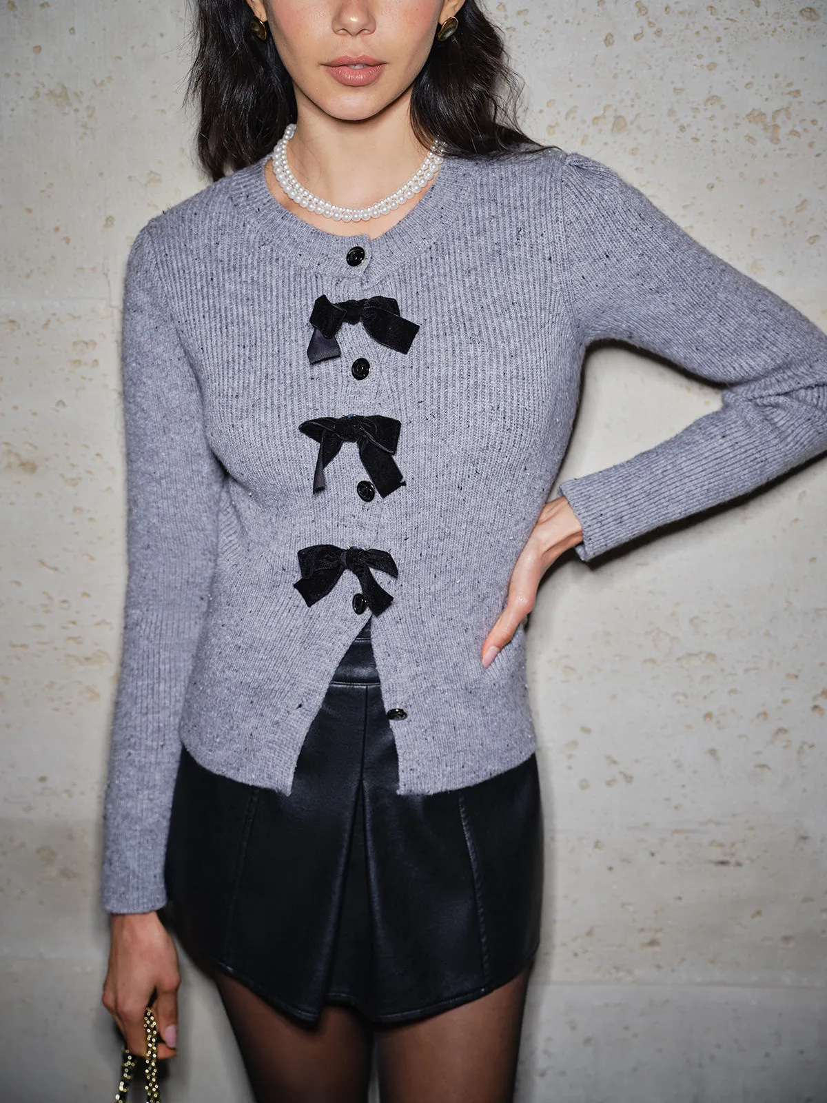 Detachable-Bow Button Short Cardigan sold by COMMENSE product image thumbnail 2