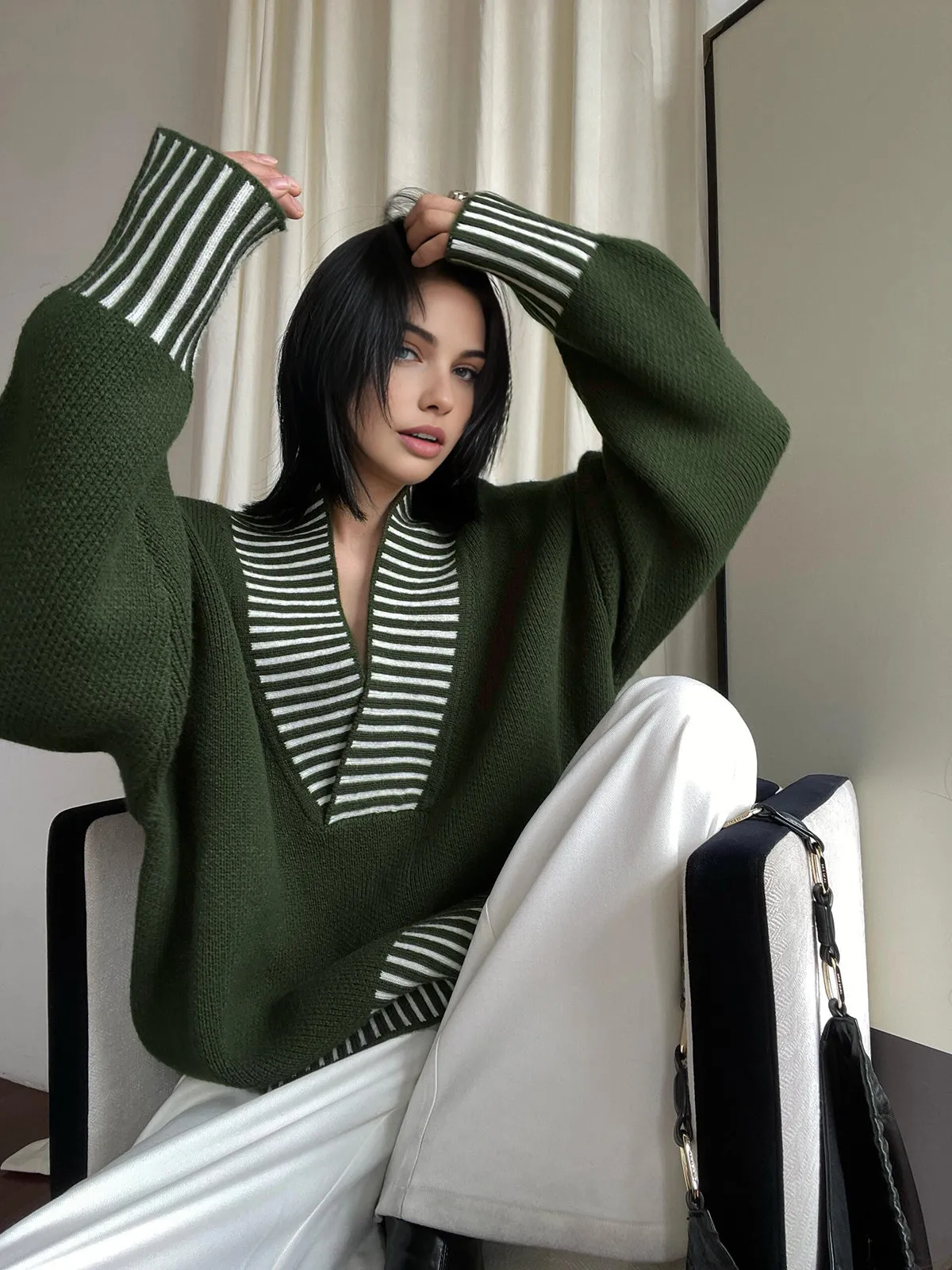 V-Neck Two-Tone Striped Sweater sold by COMMENSE product image thumbnail 3