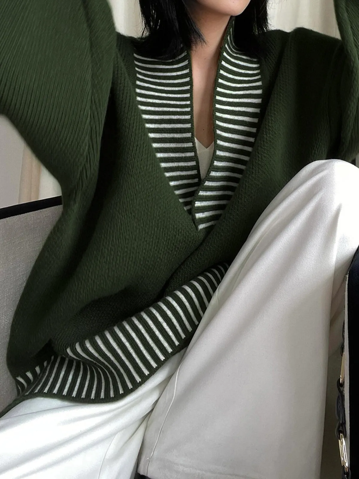 V-Neck Two-Tone Striped Sweater sold by COMMENSE product image thumbnail 2
