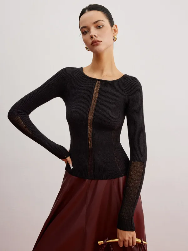 Sheer Panel Ribbed Slim Sweater sold by COMMENSE