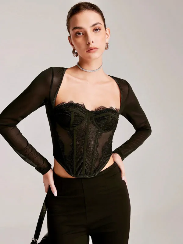 Long Sleeve Sweetheart Lace Skinny T-Shirt sold by COMMENSE