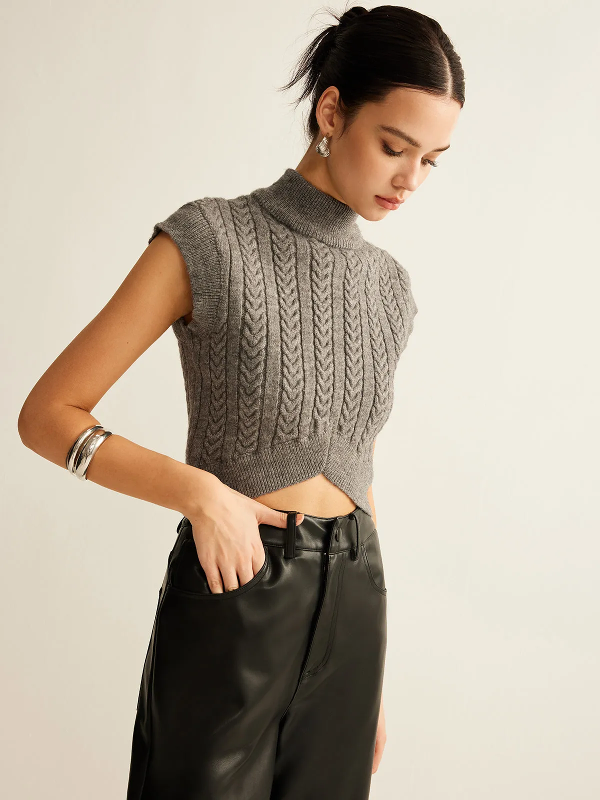 Cable-Knit Mock Neck Crop Sweater Vest sold by COMMENSE product image thumbnail 2
