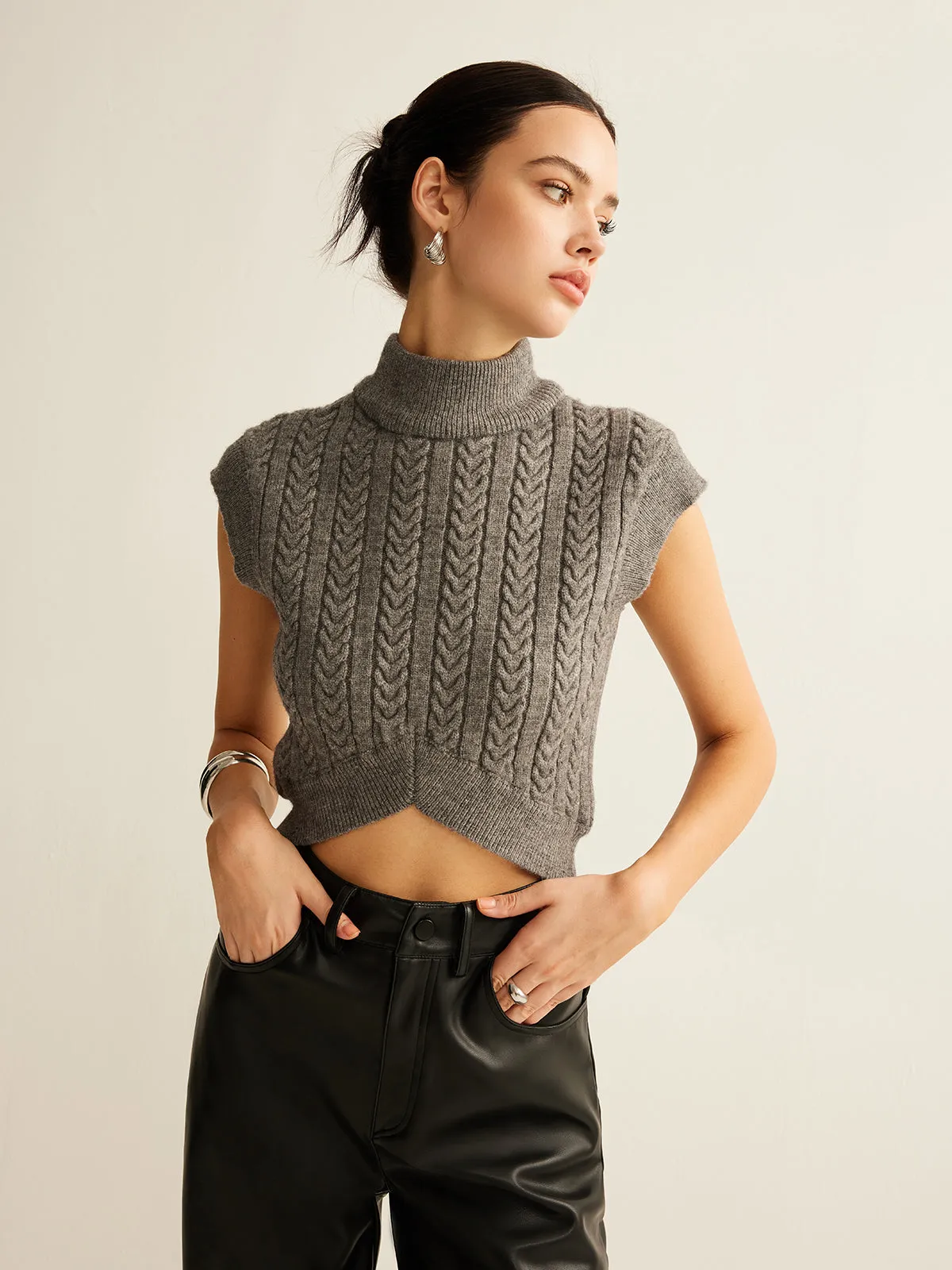 Cable-Knit Mock Neck Crop Sweater Vest sold by COMMENSE product image thumbnail 4
