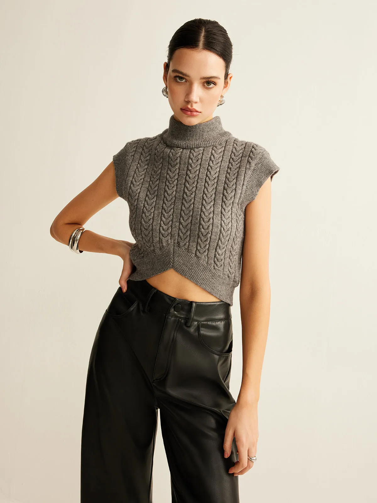 Cable-Knit Mock Neck Crop Sweater Vest sold by COMMENSE
