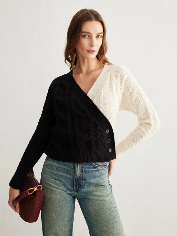 Two-Tone Criss Cross Button Knit Top sold by COMMENSE