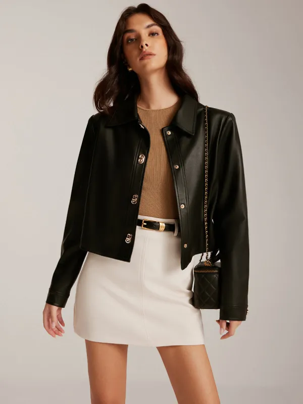 Metal-Button PU Leather Short Jacket sold by COMMENSE