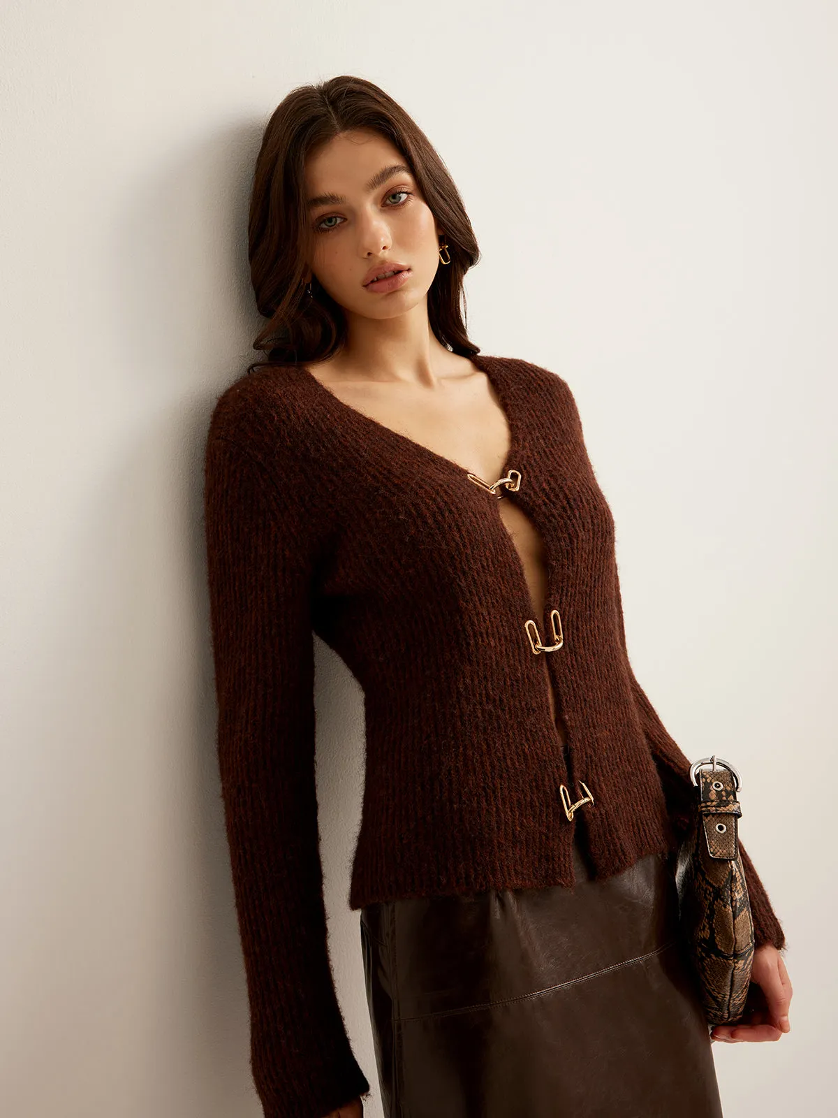 Wool-Blend Cutout Metal-Link Cardigan sold by COMMENSE