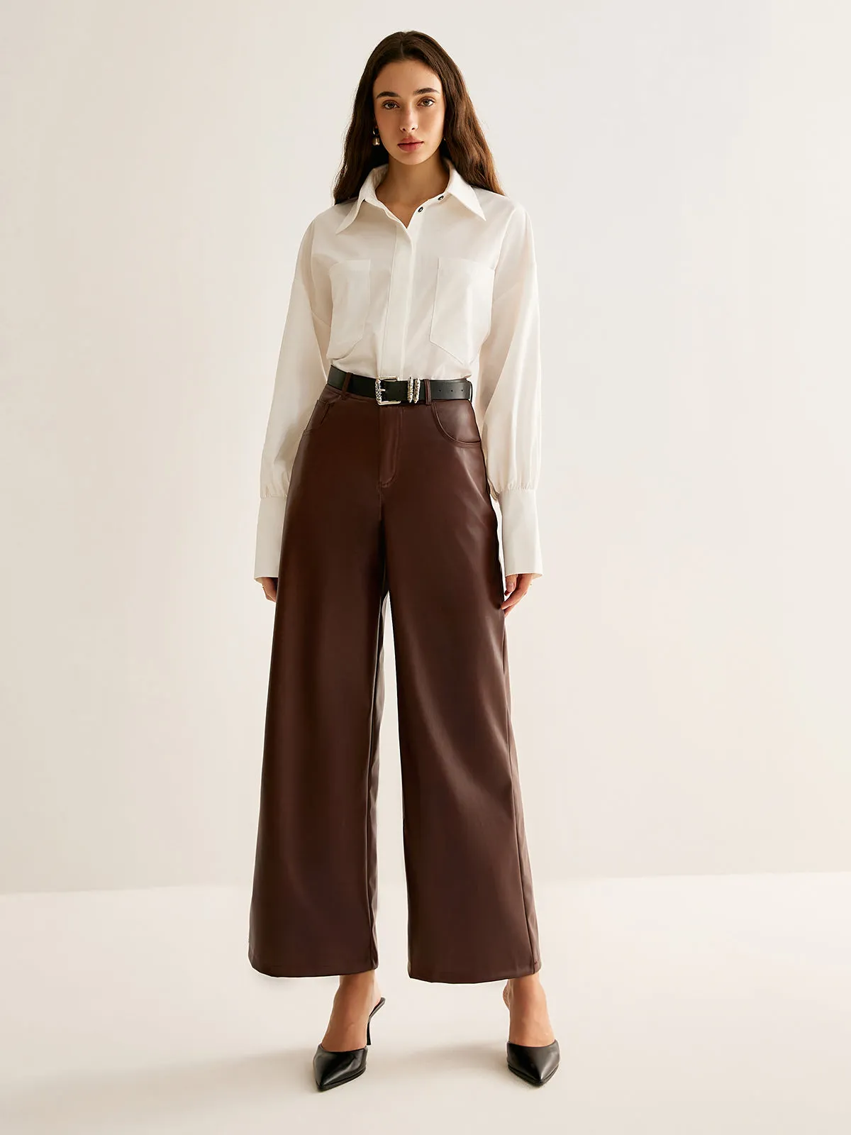 PU Leather Belted Straight Pants sold by COMMENSE