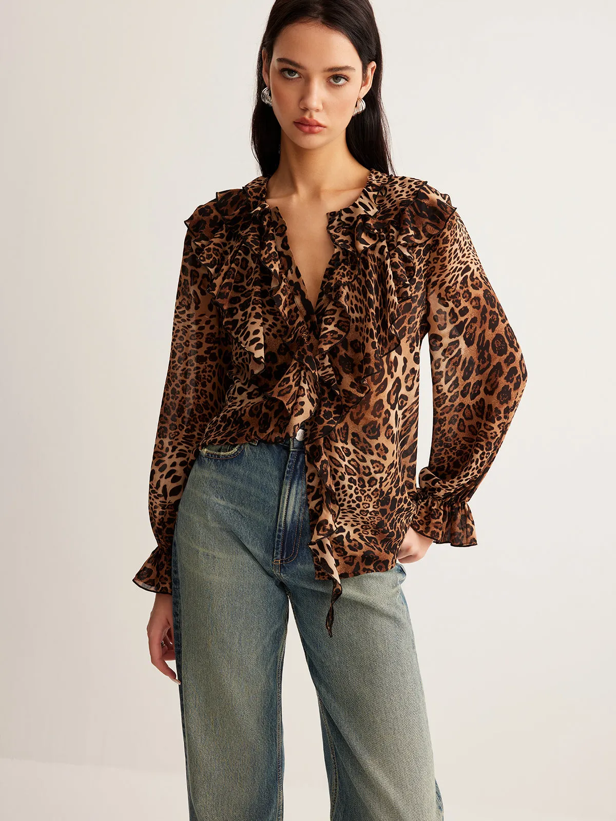 Leopard Printed Ruffle Thin Shirt sold by COMMENSE product image thumbnail 2