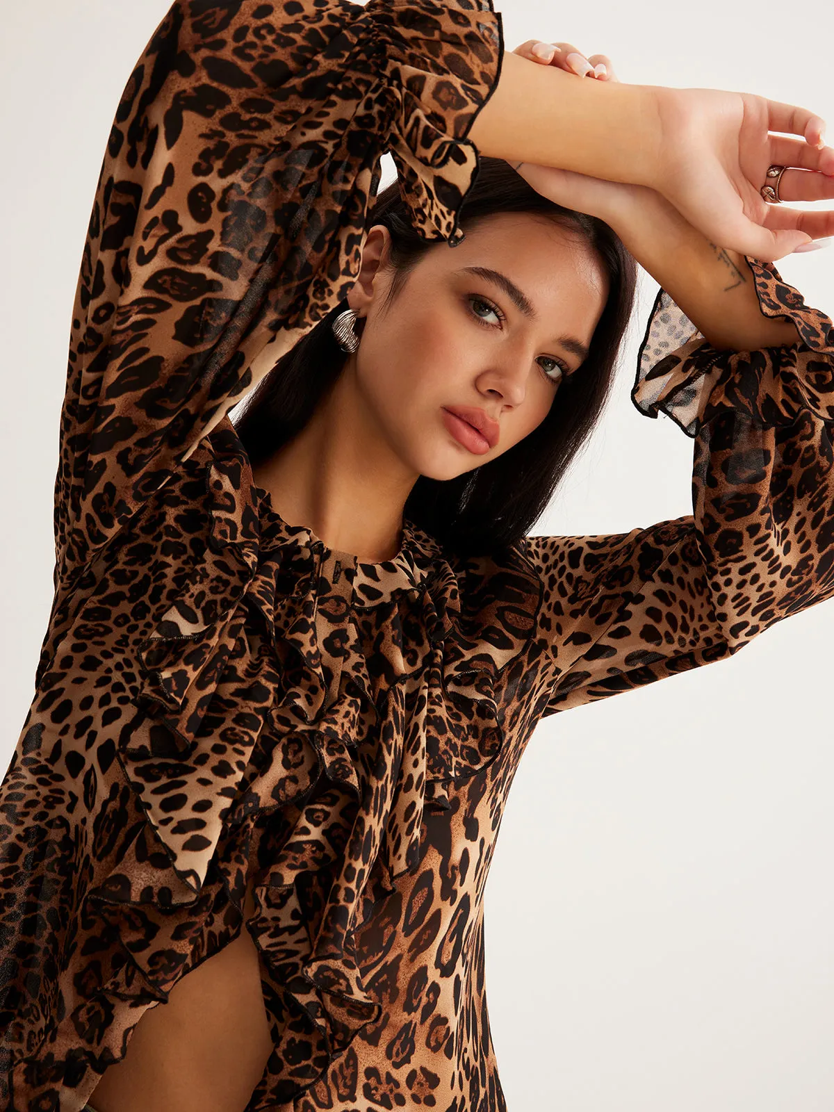 Leopard Printed Ruffle Thin Shirt sold by COMMENSE product image thumbnail 4