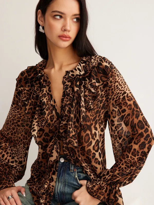 Leopard Printed Ruffle Thin Shirt sold by COMMENSE