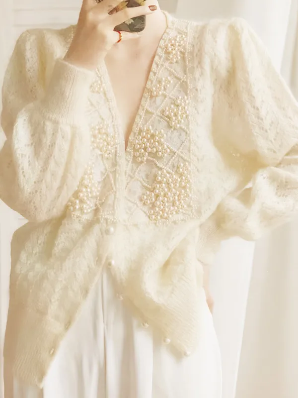 Romance Pearl Beaded Cardigan sold by COMMENSE