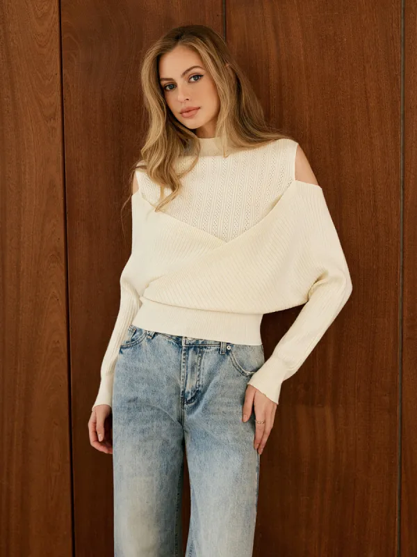 Cold-Shoulder Criss Cross Panel Sweater sold by COMMENSE