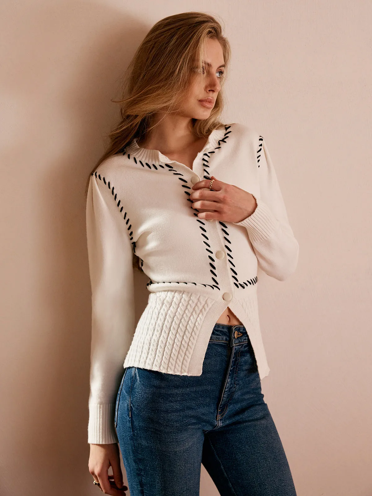 Contrast Trim Split Slim Cardigan sold by COMMENSE product image thumbnail 3