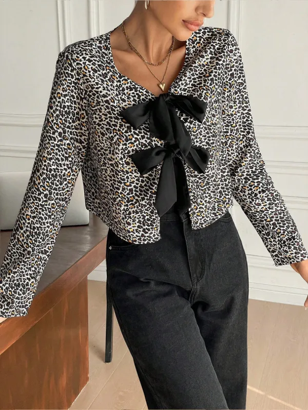 Bow Front Leopard Printed Jersey Blouse sold by COMMENSE