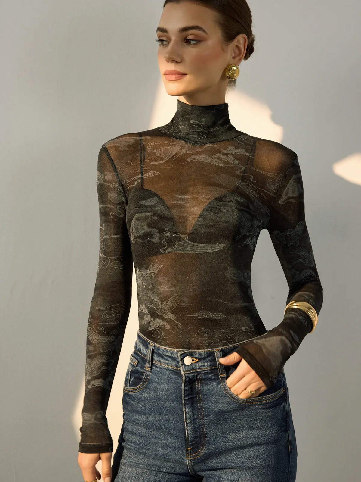 Mock Neck Printed Semi-Sheer Blouse sold by COMMENSE product image thumbnail 5