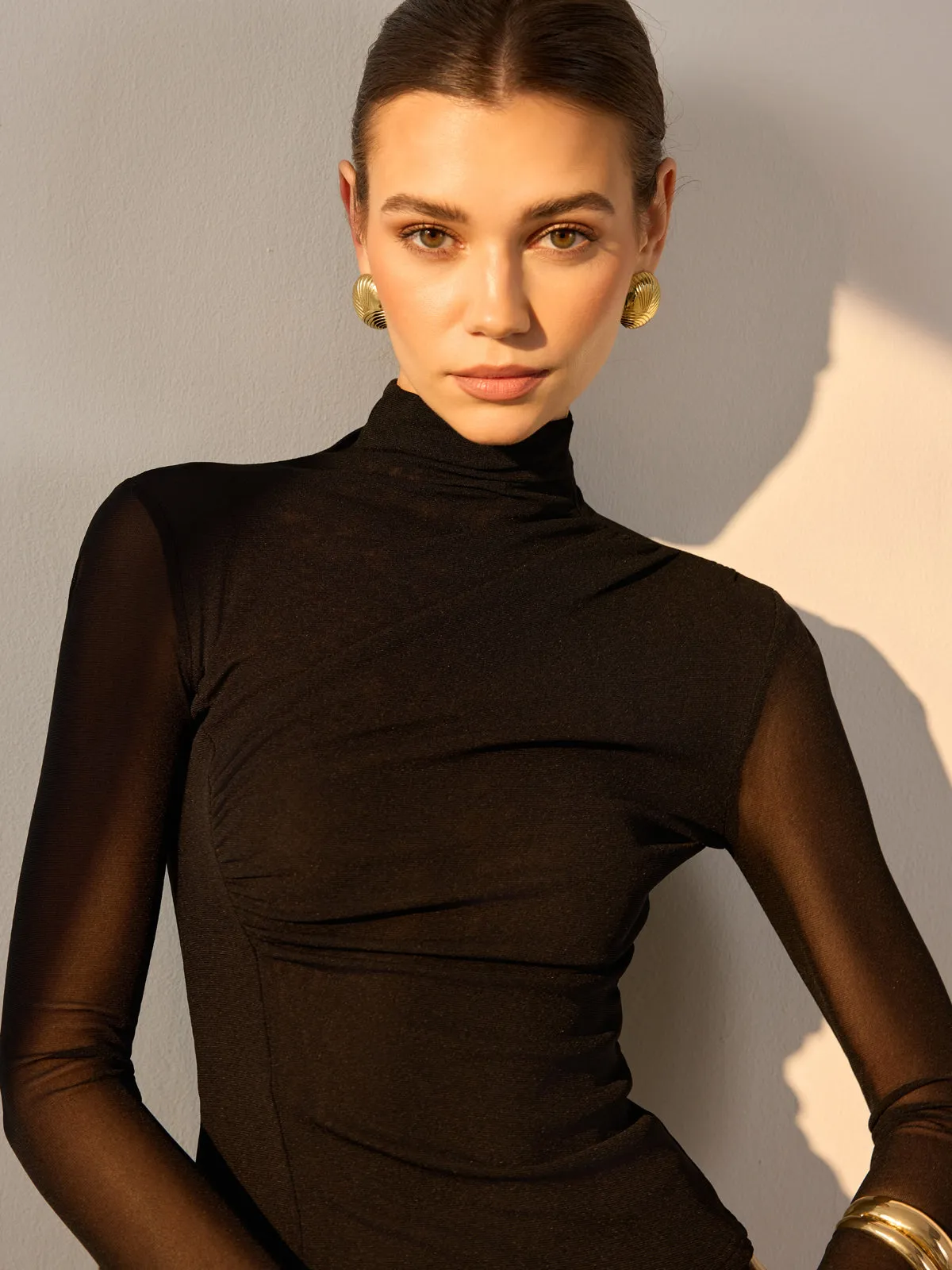 Mock Neck Sheer Sleeve Skinny Top sold by COMMENSE product image thumbnail 5