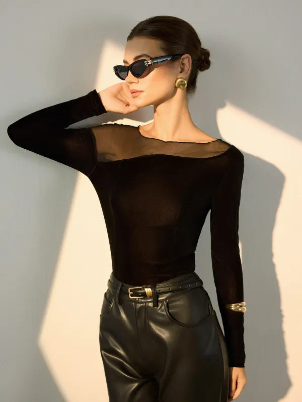 Straight Shoulder Sheer-Detail Slim Top sold by COMMENSE