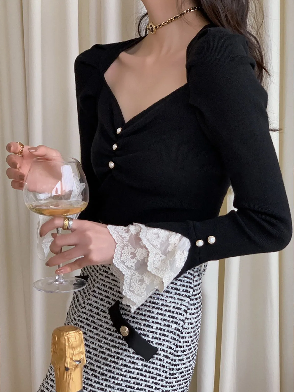 Lace Cuff Slim Sweater sold by COMMENSE product image thumbnail 4