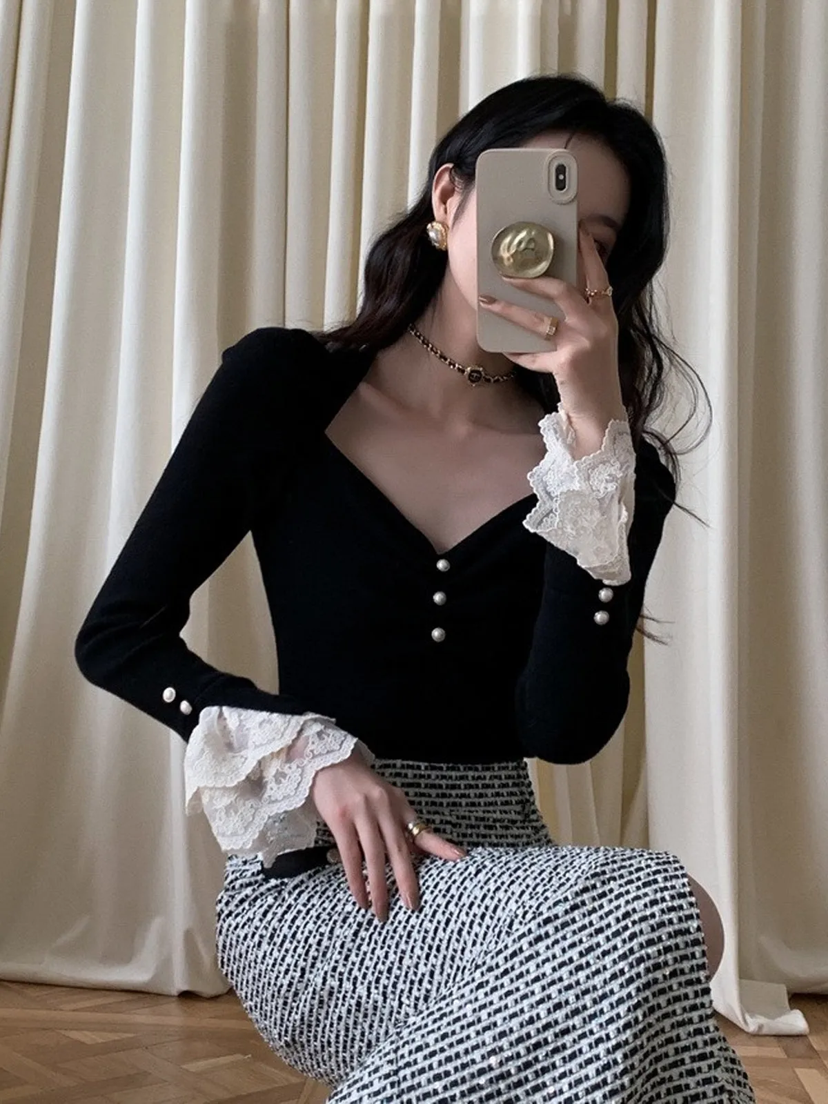 Lace Cuff Slim Sweater sold by COMMENSE product image thumbnail 5