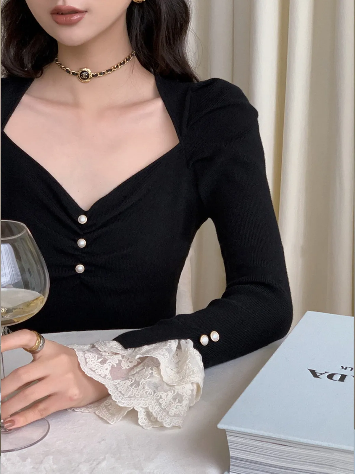 Lace Cuff Slim Sweater sold by COMMENSE product image thumbnail 2