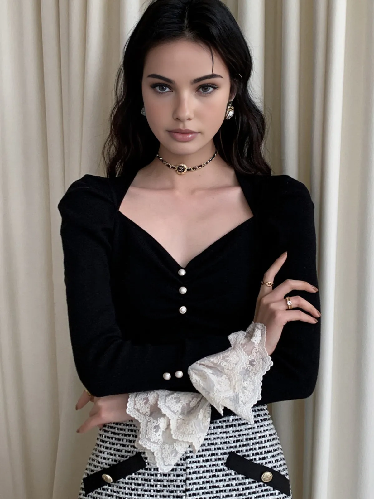 Lace Cuff Slim Sweater sold by COMMENSE