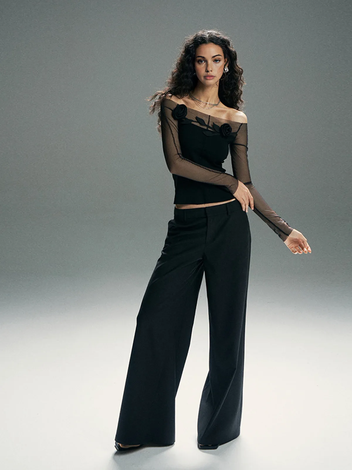 3D Flower Off-Shoulder Mesh Panel Top sold by COMMENSE product image thumbnail 5