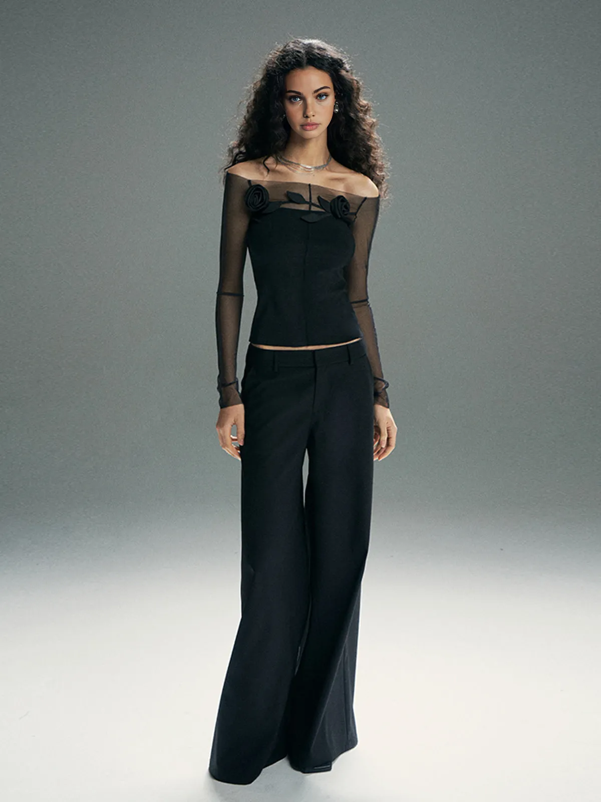 3D Flower Off-Shoulder Mesh Panel Top sold by COMMENSE product image thumbnail 4