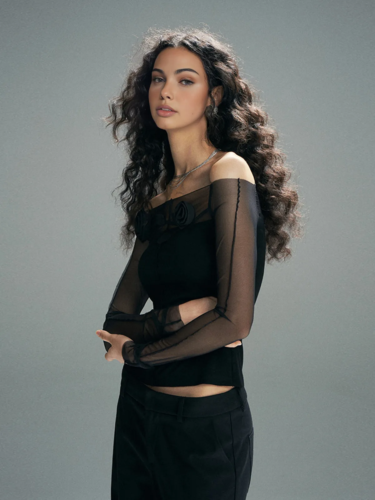 3D Flower Off-Shoulder Mesh Panel Top sold by COMMENSE product image thumbnail 2