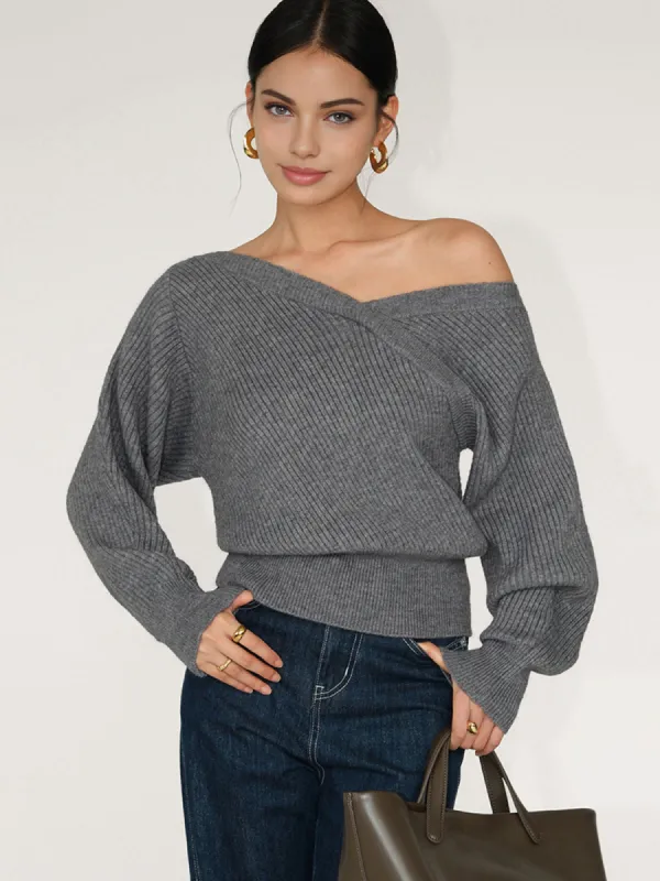 Asymmetrical Criss Cross Ribbed Sweater sold by COMMENSE