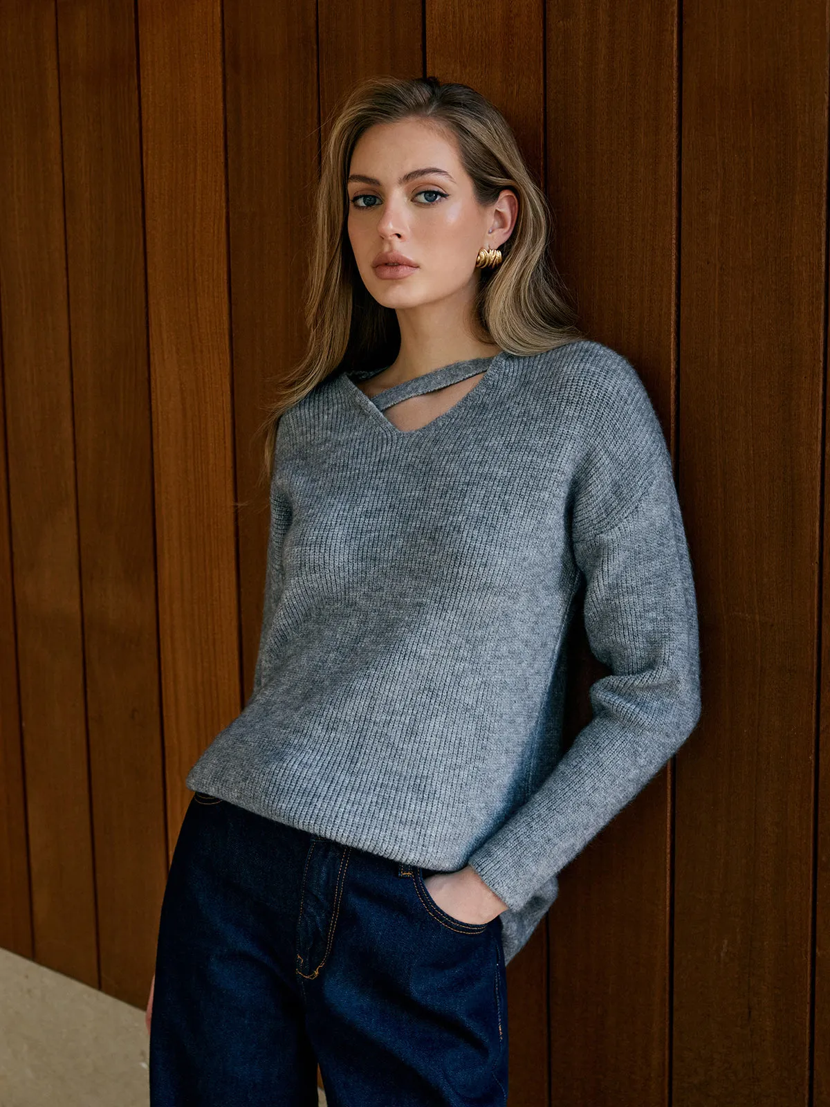 V-Neck Plain Pullover Sweater sold by COMMENSE product image thumbnail 4