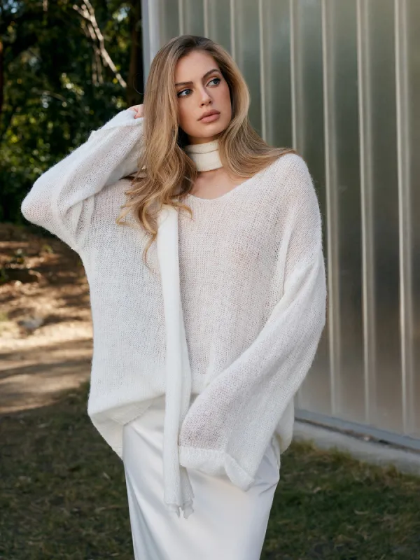 Wool-Blend Semi-Sheer Sweater With Scarf sold by COMMENSE