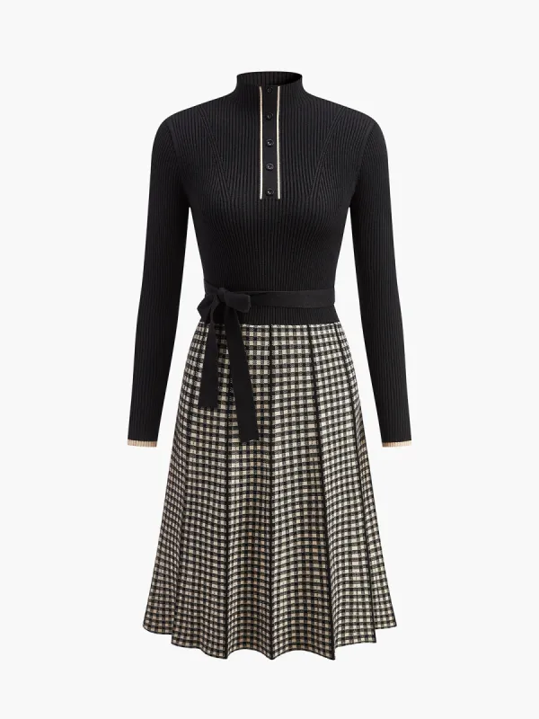 Belted Plaid Panel Sweater Dress sold by COMMENSE