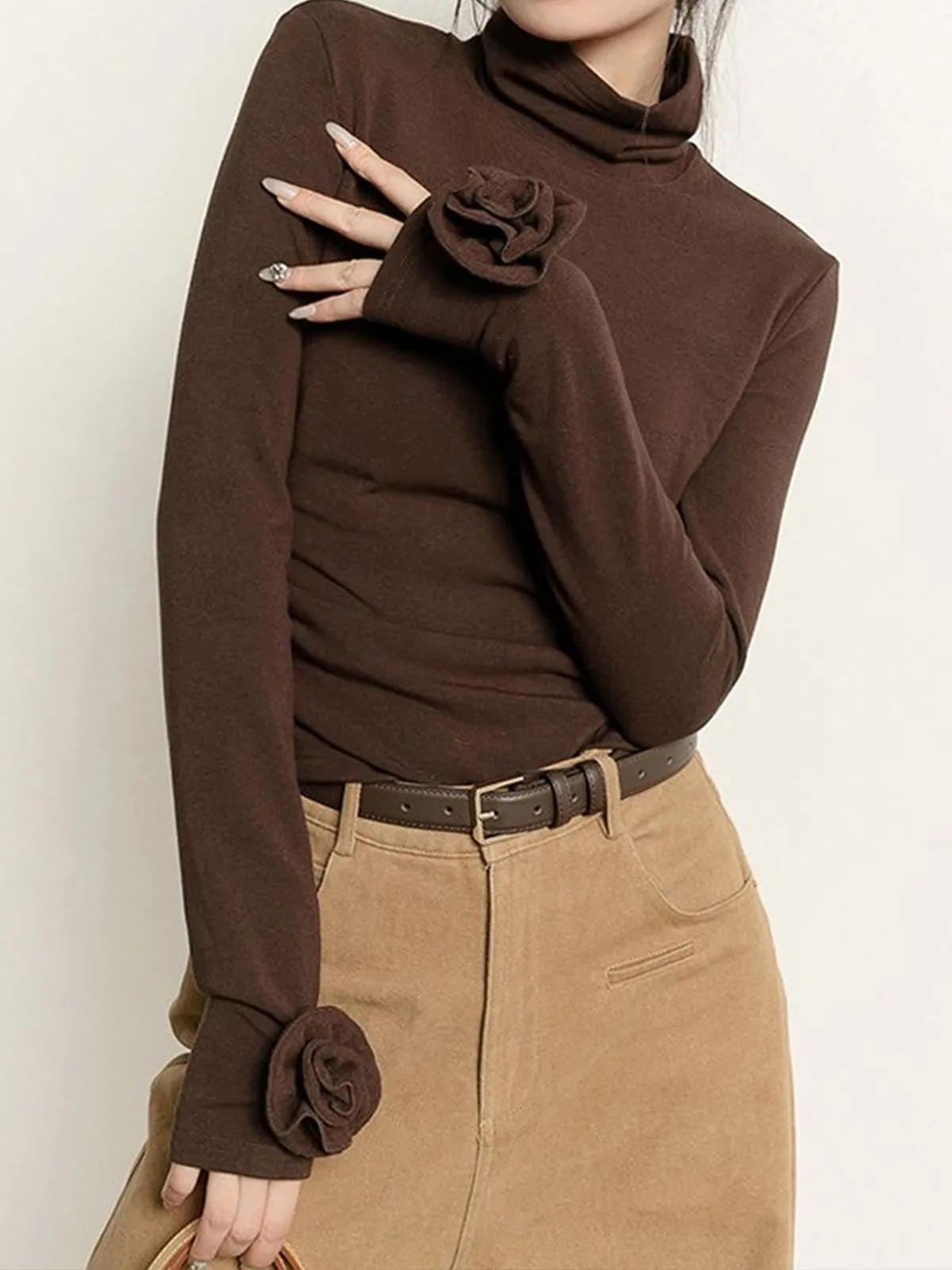 Pleated Turtleneck 3D Flower Slim T-Shirt sold by COMMENSE
