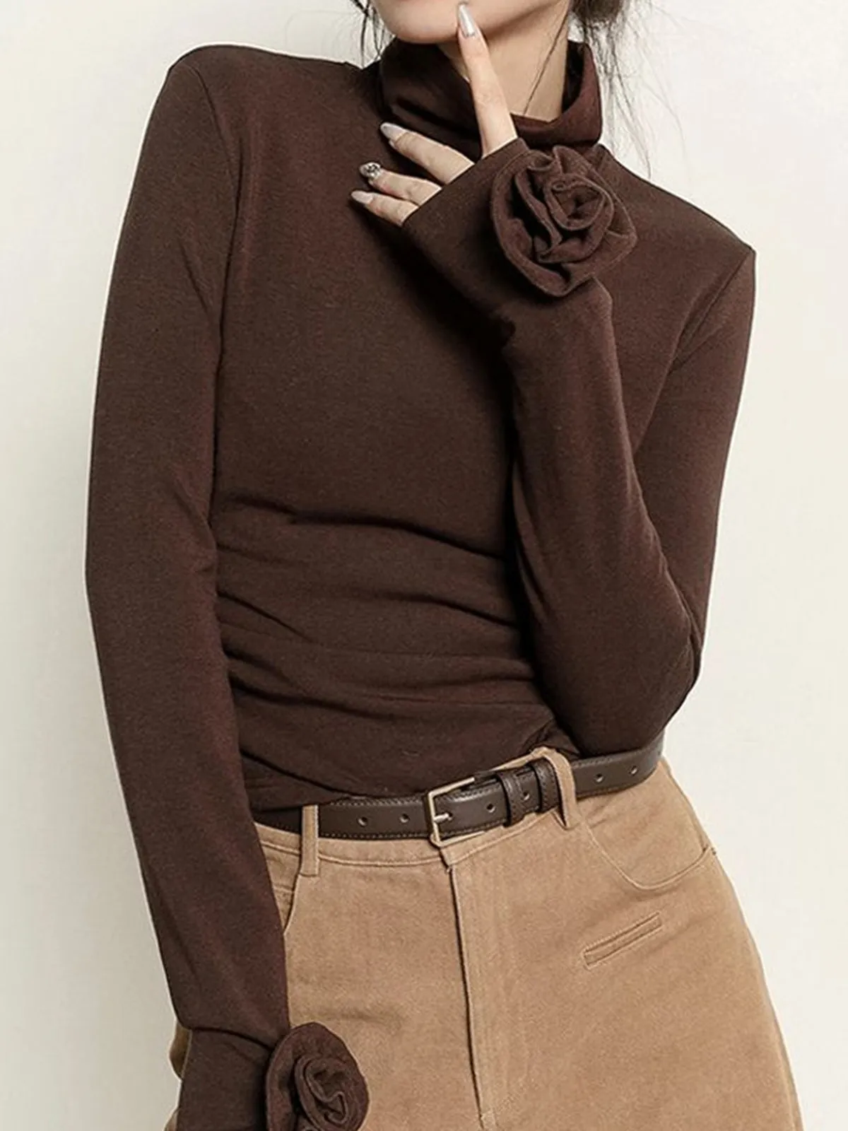 Pleated Turtleneck 3D Flower Slim T-Shirt sold by COMMENSE product image thumbnail 4