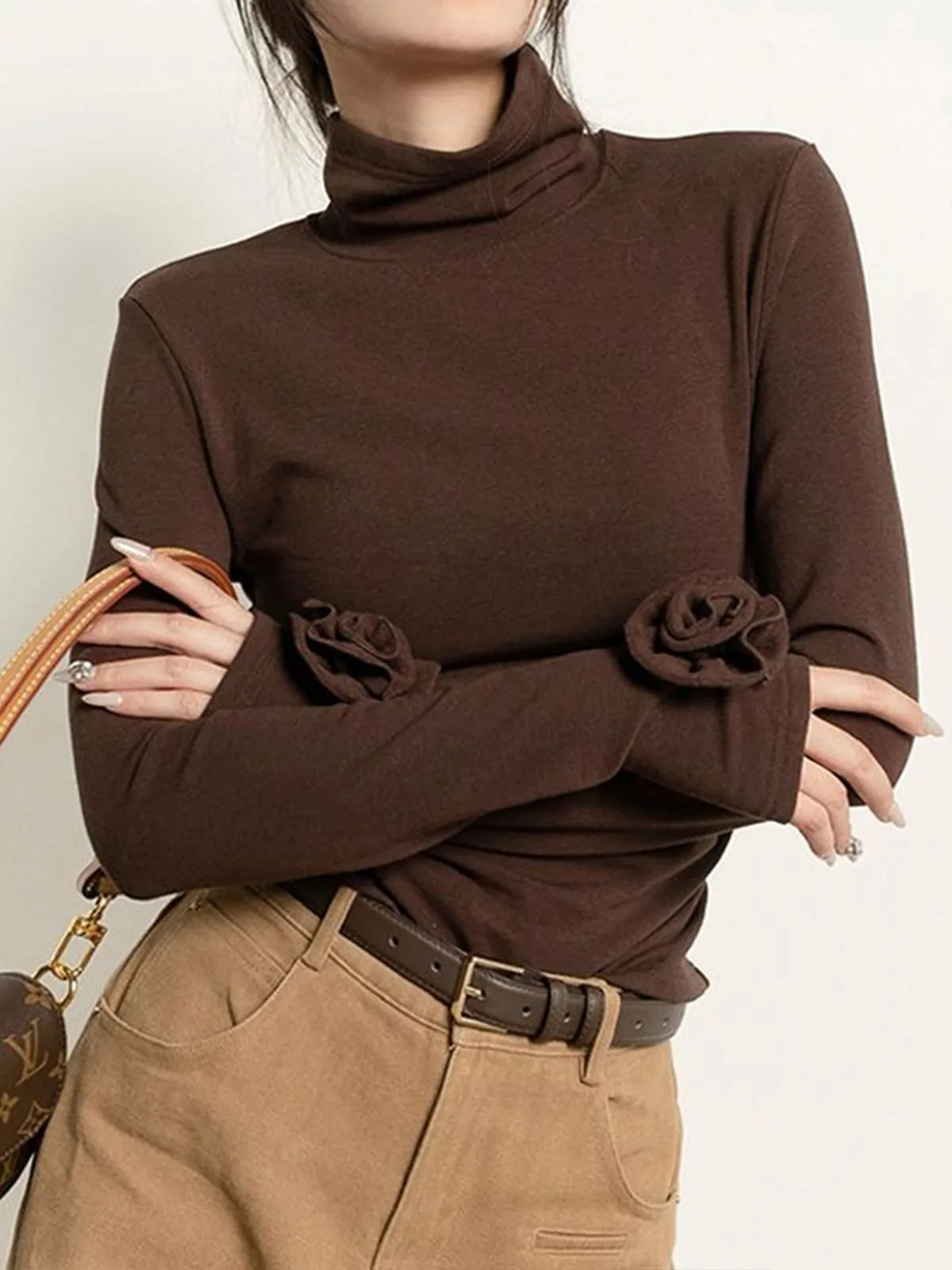 Pleated Turtleneck 3D Flower Slim T-Shirt sold by COMMENSE product image thumbnail 3