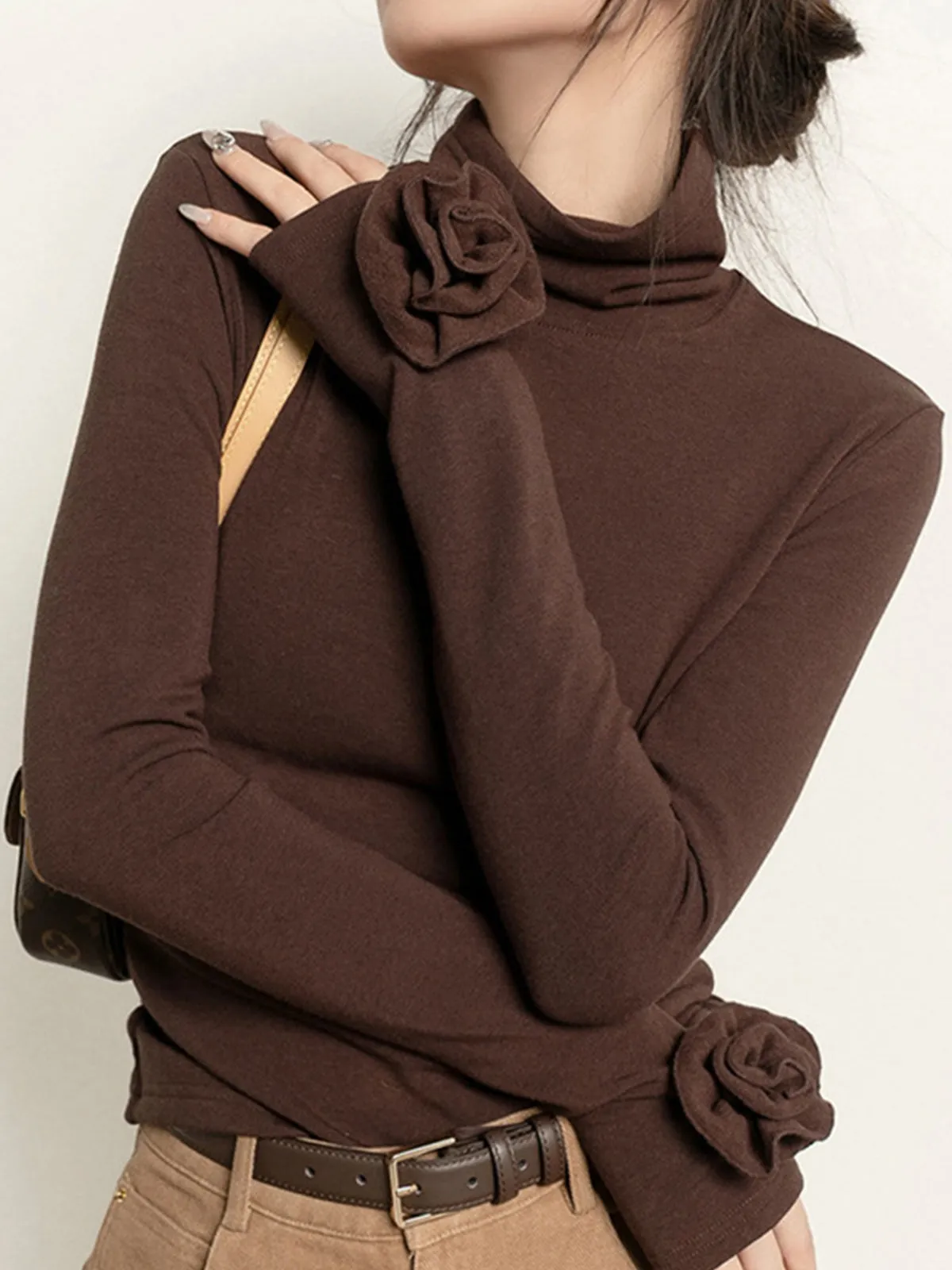 Pleated Turtleneck 3D Flower Slim T-Shirt sold by COMMENSE product image thumbnail 2