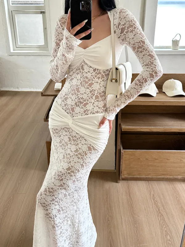 Ruched Lace Panel Long Dress sold by COMMENSE