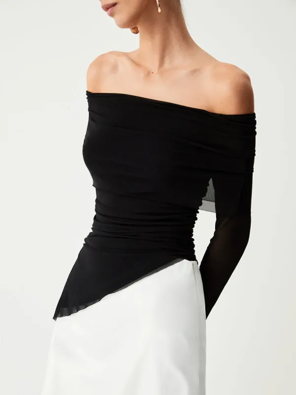 Off Shoulder Oblique Hem Ruched Long Sleeve Shirt sold by COMMENSE