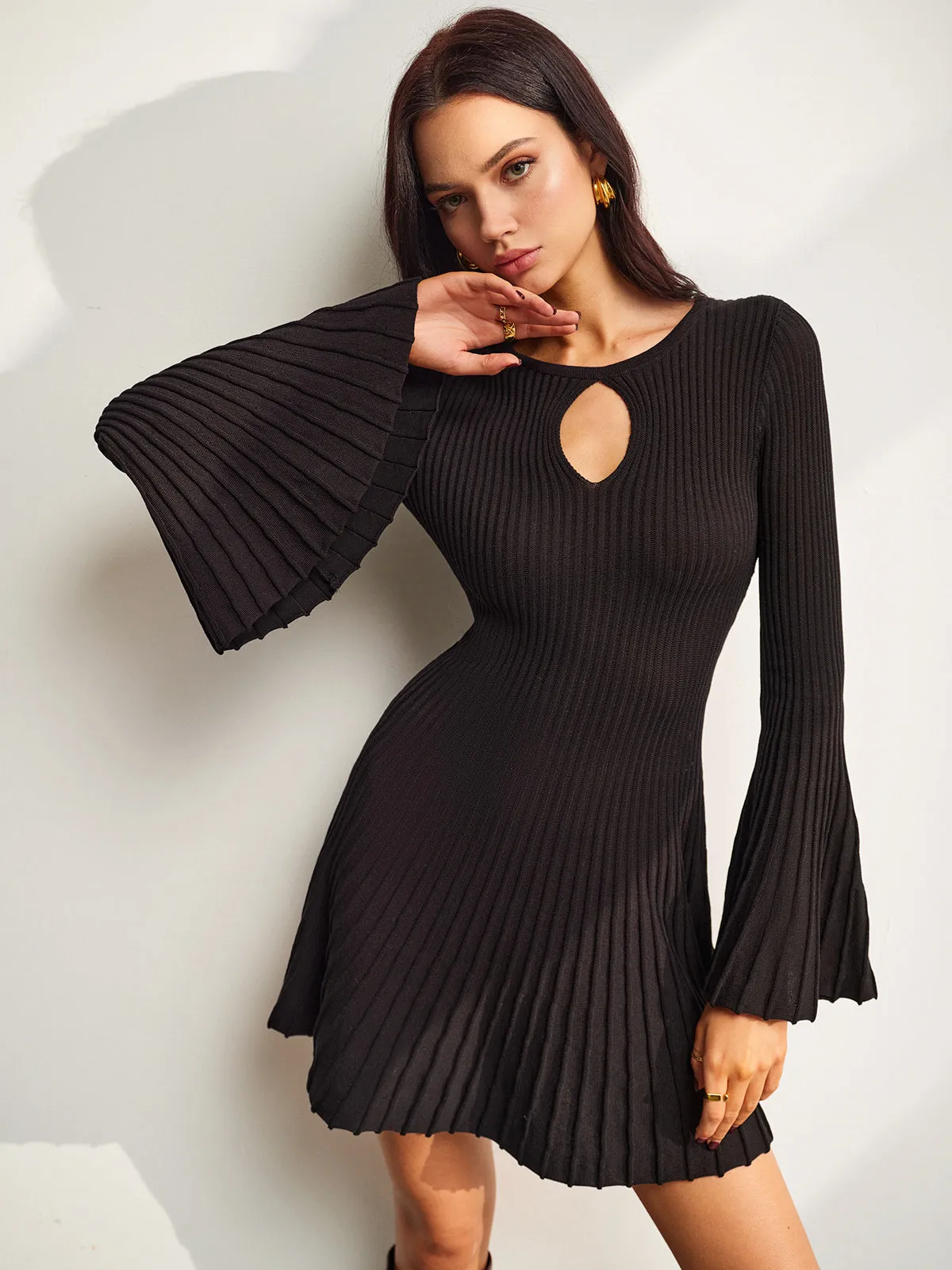 Keyhole Neckline Bell Sleeve Sweater Dress sold by COMMENSE product image thumbnail 5