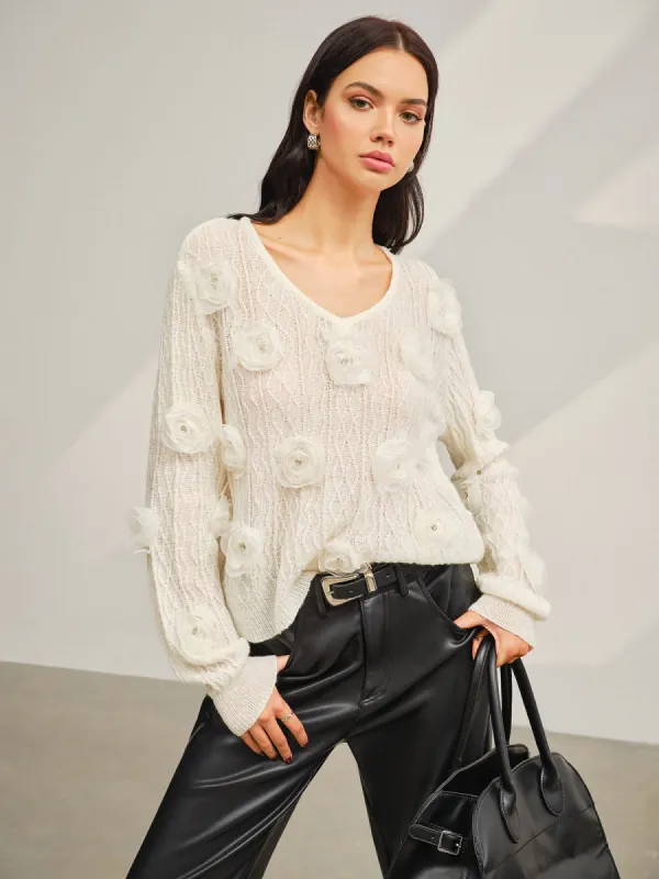 V-Neck 3D Flower Knit Top sold by COMMENSE