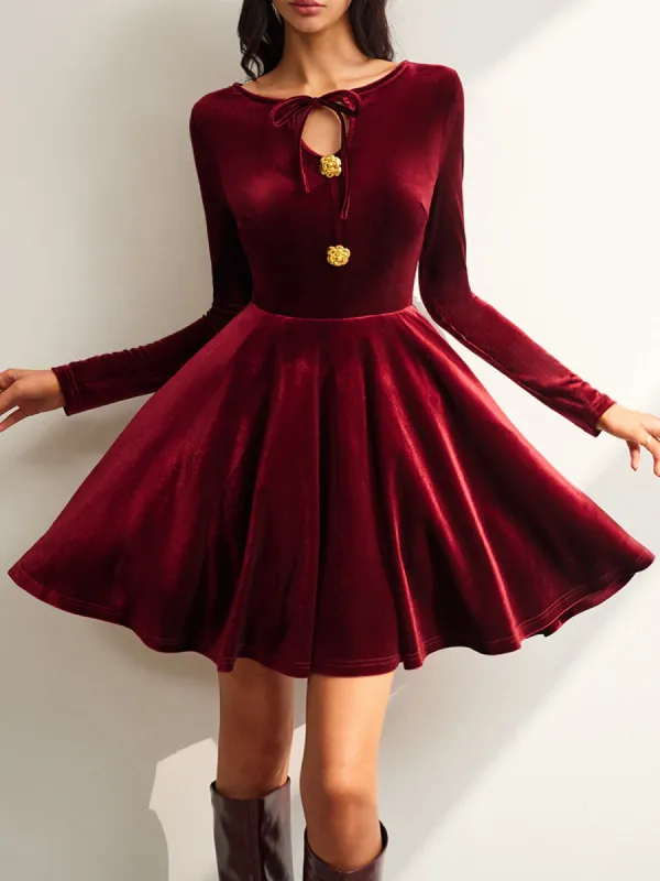 Tie Neck Velvet Pleated Dress sold by COMMENSE