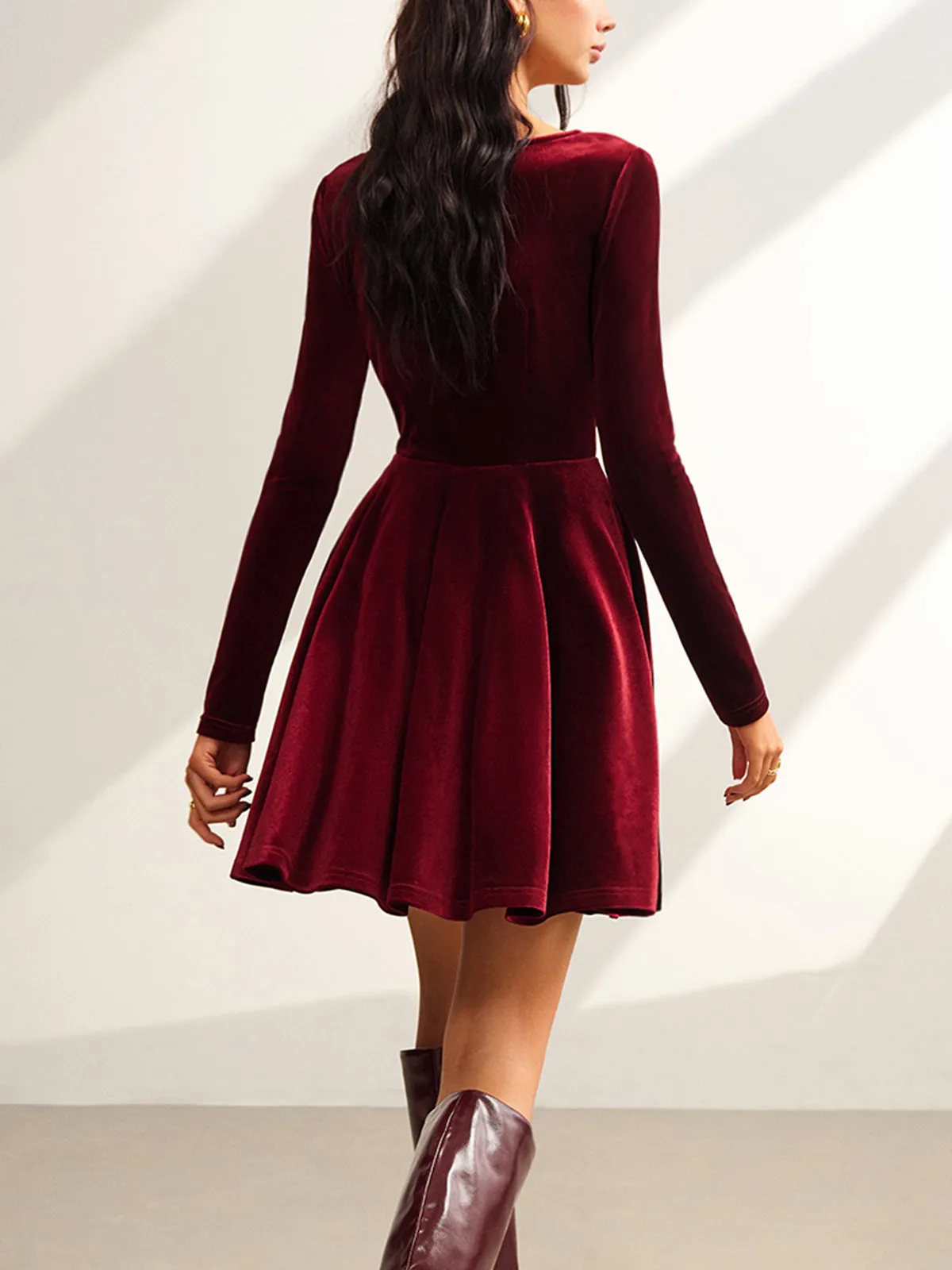 Tie Neck Velvet Pleated Dress sold by COMMENSE product image thumbnail 4