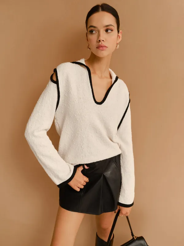 Contrast Trim Cutout Lapel Sweater sold by COMMENSE