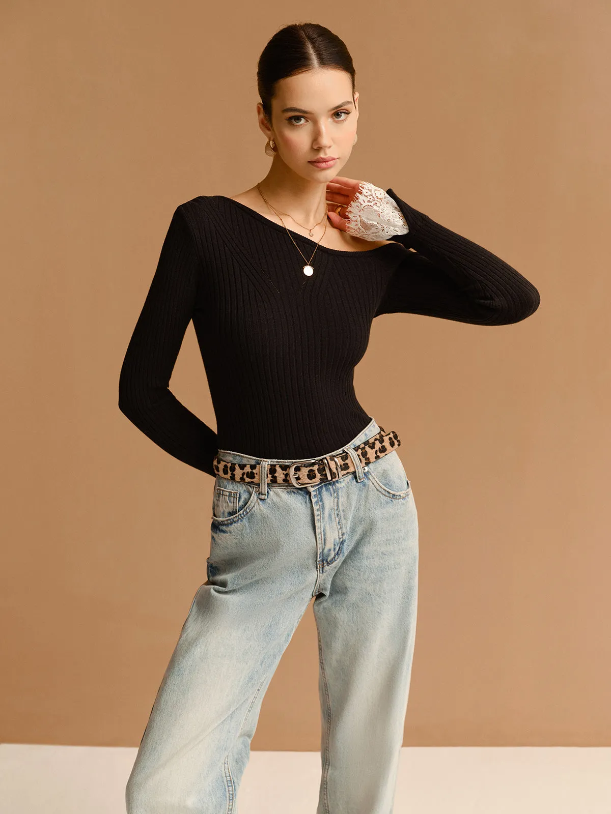 Asymmetrical Lace-Cuff Slim Sweater sold by COMMENSE product image thumbnail 2