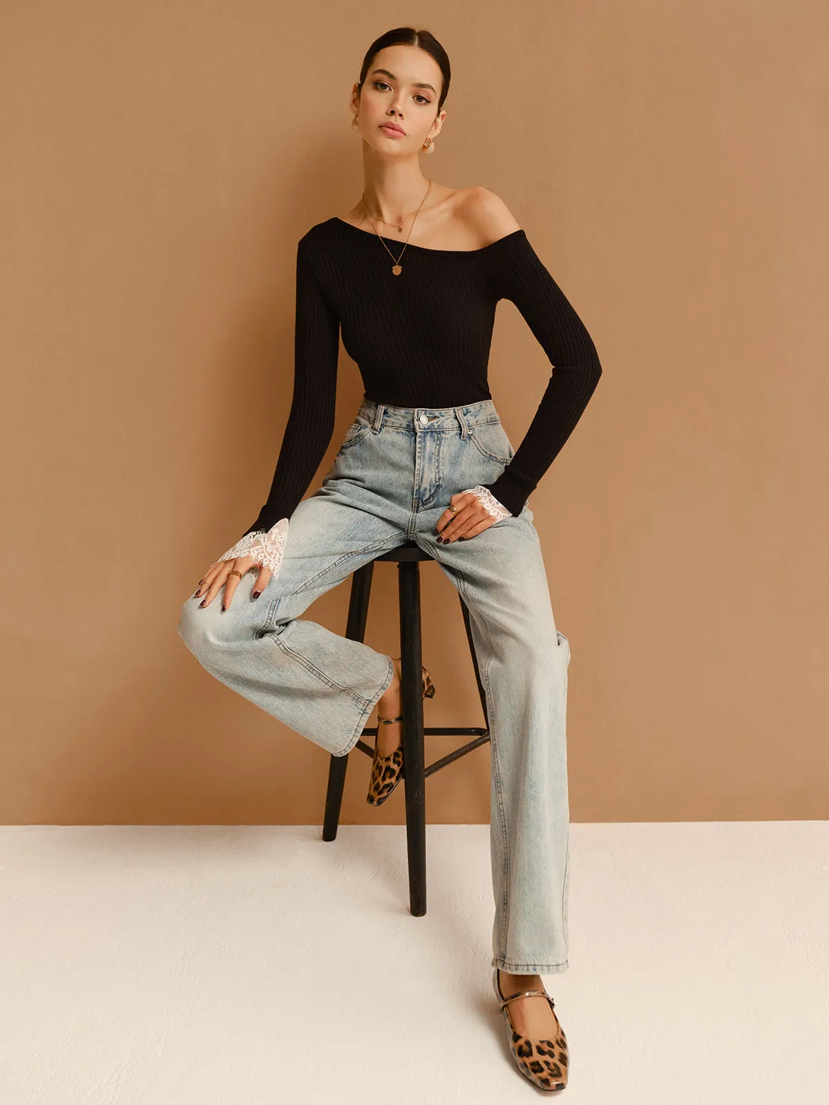 Asymmetrical Lace-Cuff Slim Sweater sold by COMMENSE product image thumbnail 5