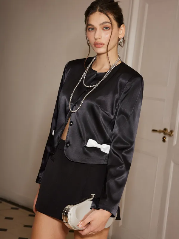 Bow-Decor Satin Short Blazer sold by COMMENSE