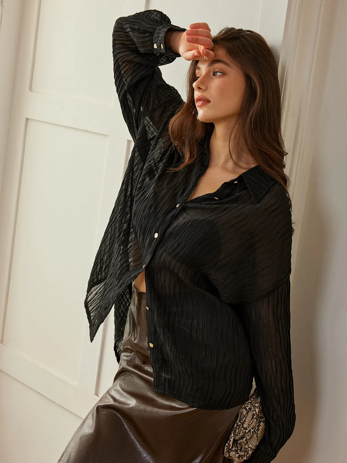 Semi-Sheer Button Polo Shirt sold by COMMENSE product image thumbnail 4