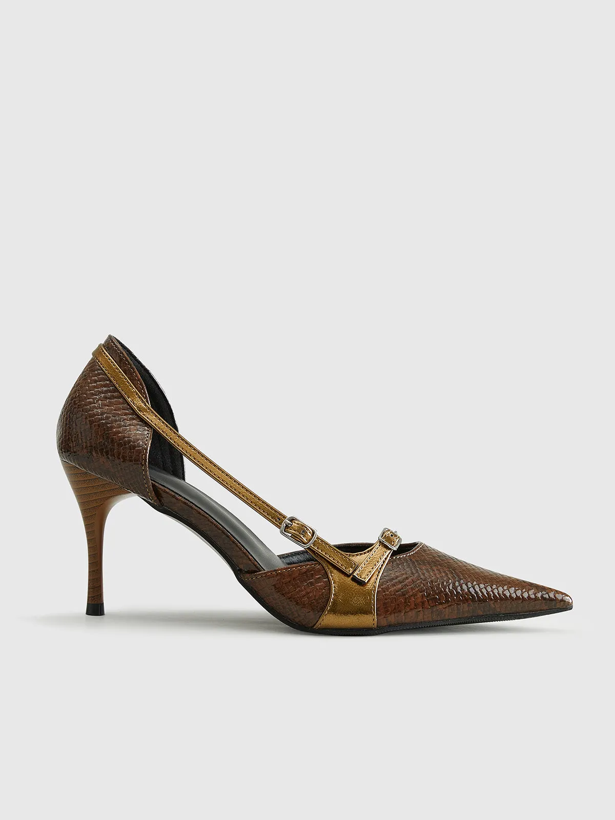 Snakeskin Printed Buckle Pumps sold by COMMENSE