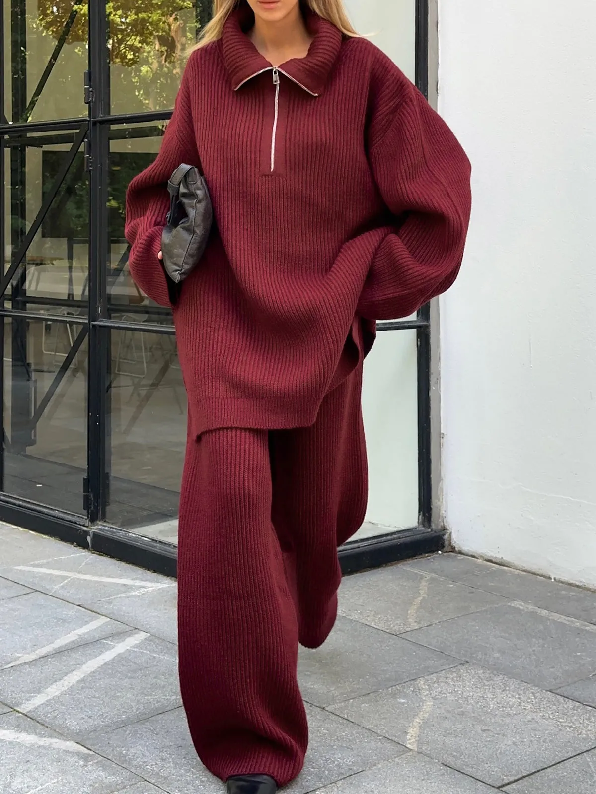 Drawstring Zipper Sweater Pants Set sold by COMMENSE product image thumbnail 2